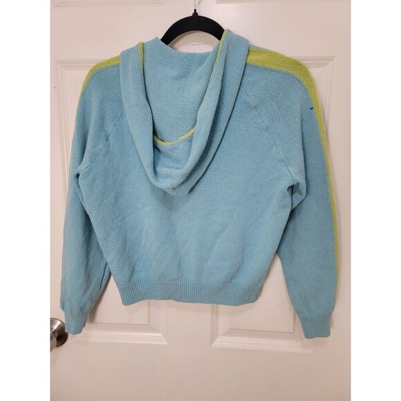 Vintage ST. JOHN SPORT Blue & Green Knit Hooded Cardigan Sweater With Pockets & - Picture 3 of 16